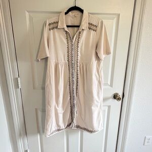 Orange Creek Embroidered Boho Shirt Dress Women’s Large Cream Tunic Dress